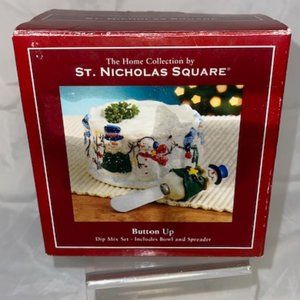 VTG St. Nicholas Square Button Up Snowman Dip Mix Set Bowl & Spreader NIB